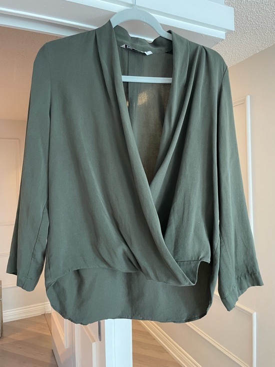 Zara Tops - Zara Olive Green Draped V-Neck Blouse - Size M